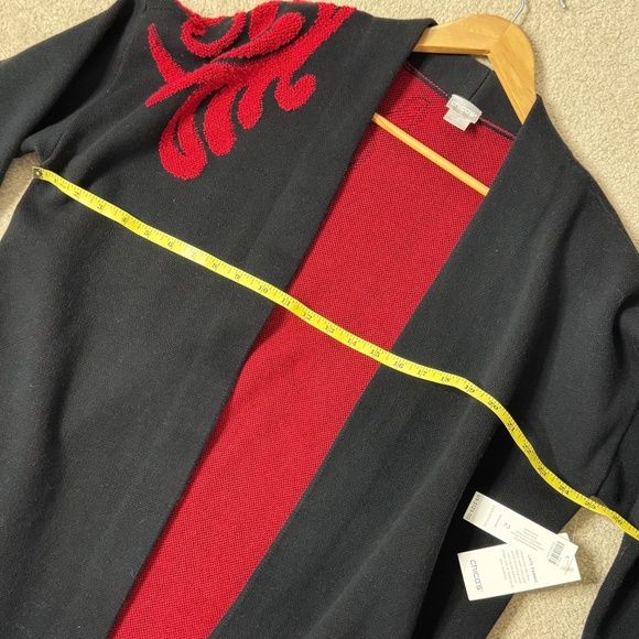NWT Chicos Cardigan Open Front Longer Length Black Red Textured Scroll Pattern 2 - Picture 7 of 16